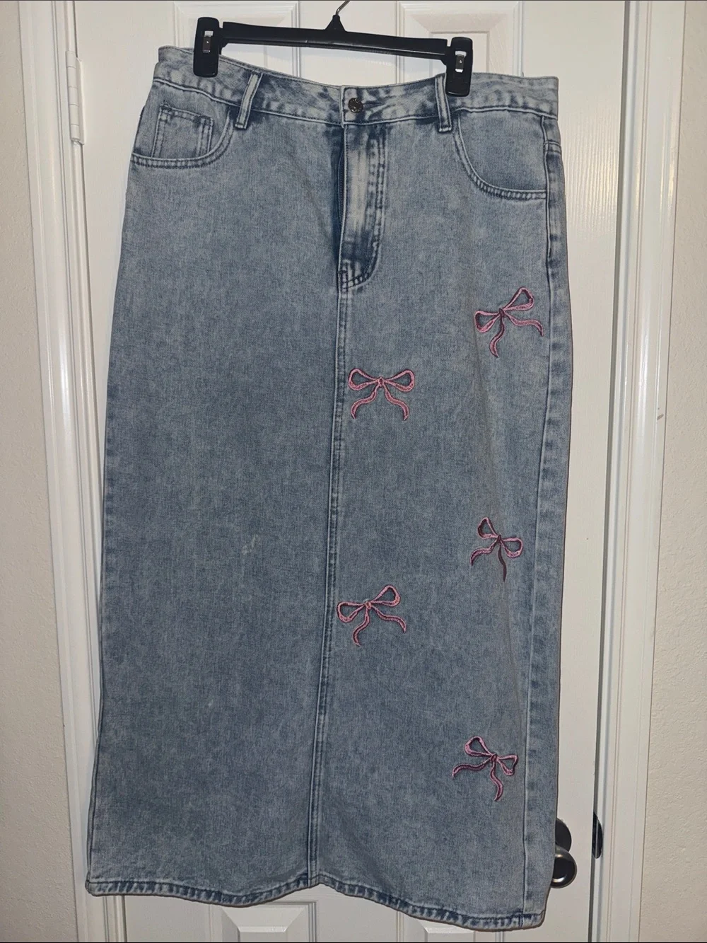 Denim Midi Skirt with Pink Bow Embroidery
